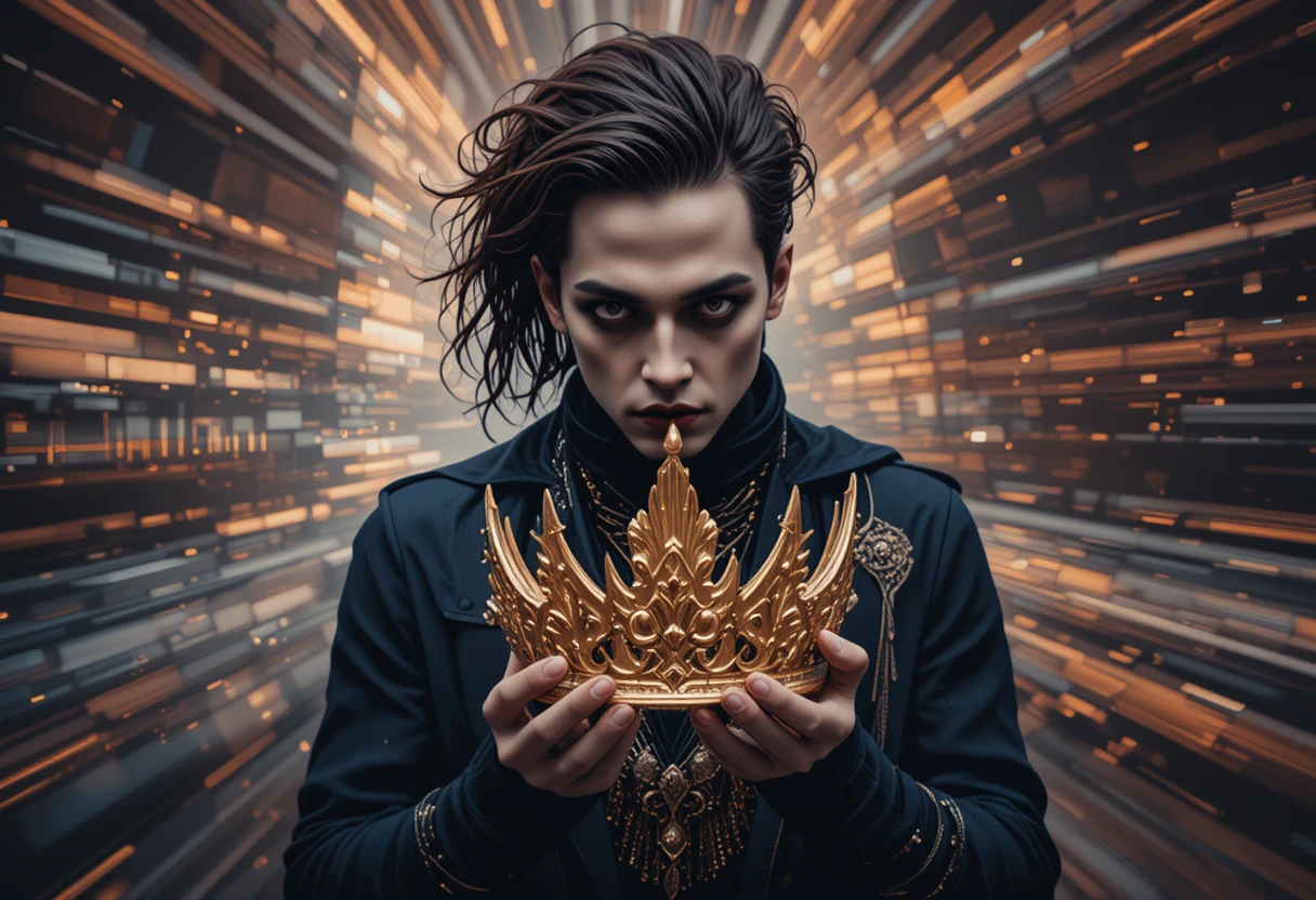 Gothic man holding a golden crown in surreal light