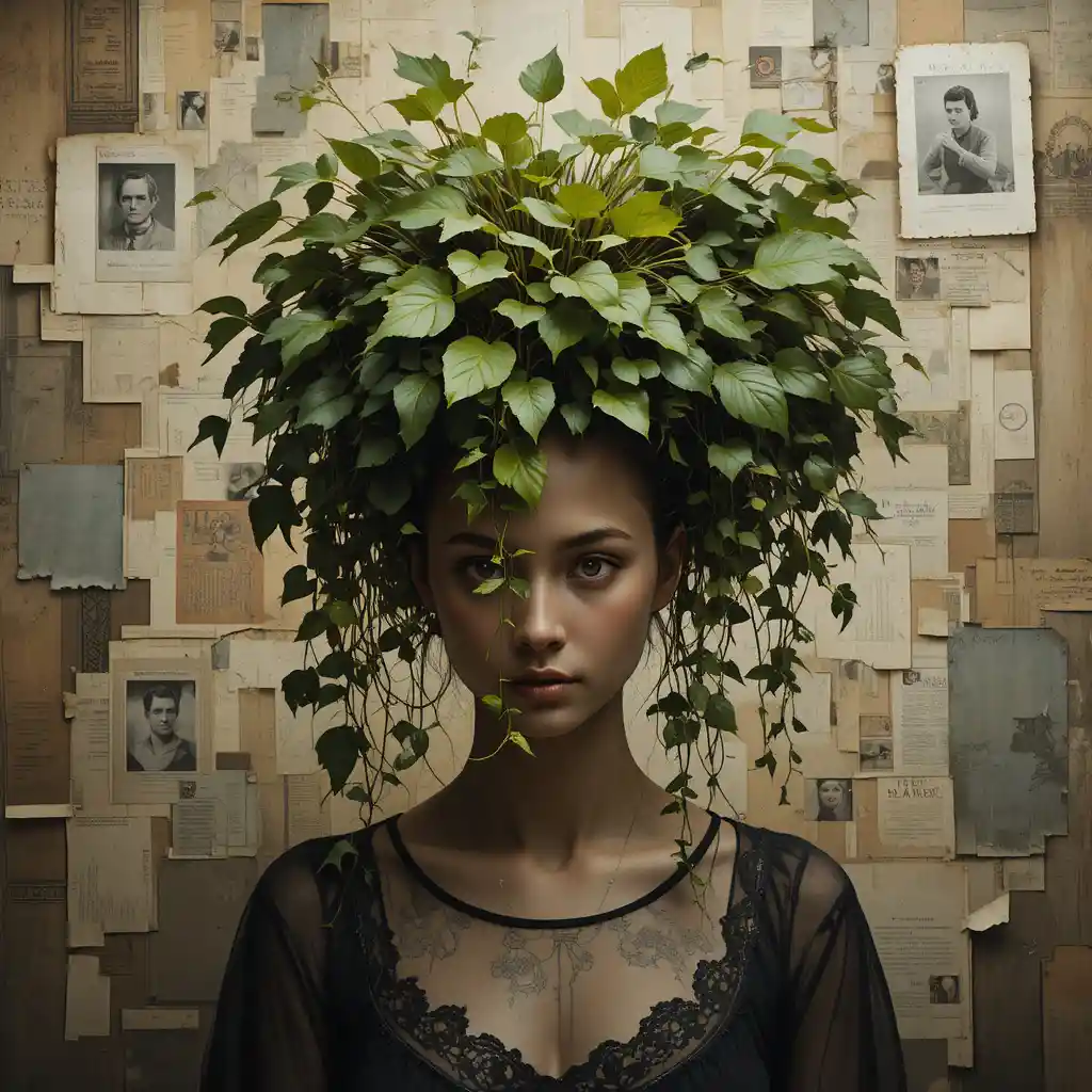 Surreal woman with cascading plant head in collage scene