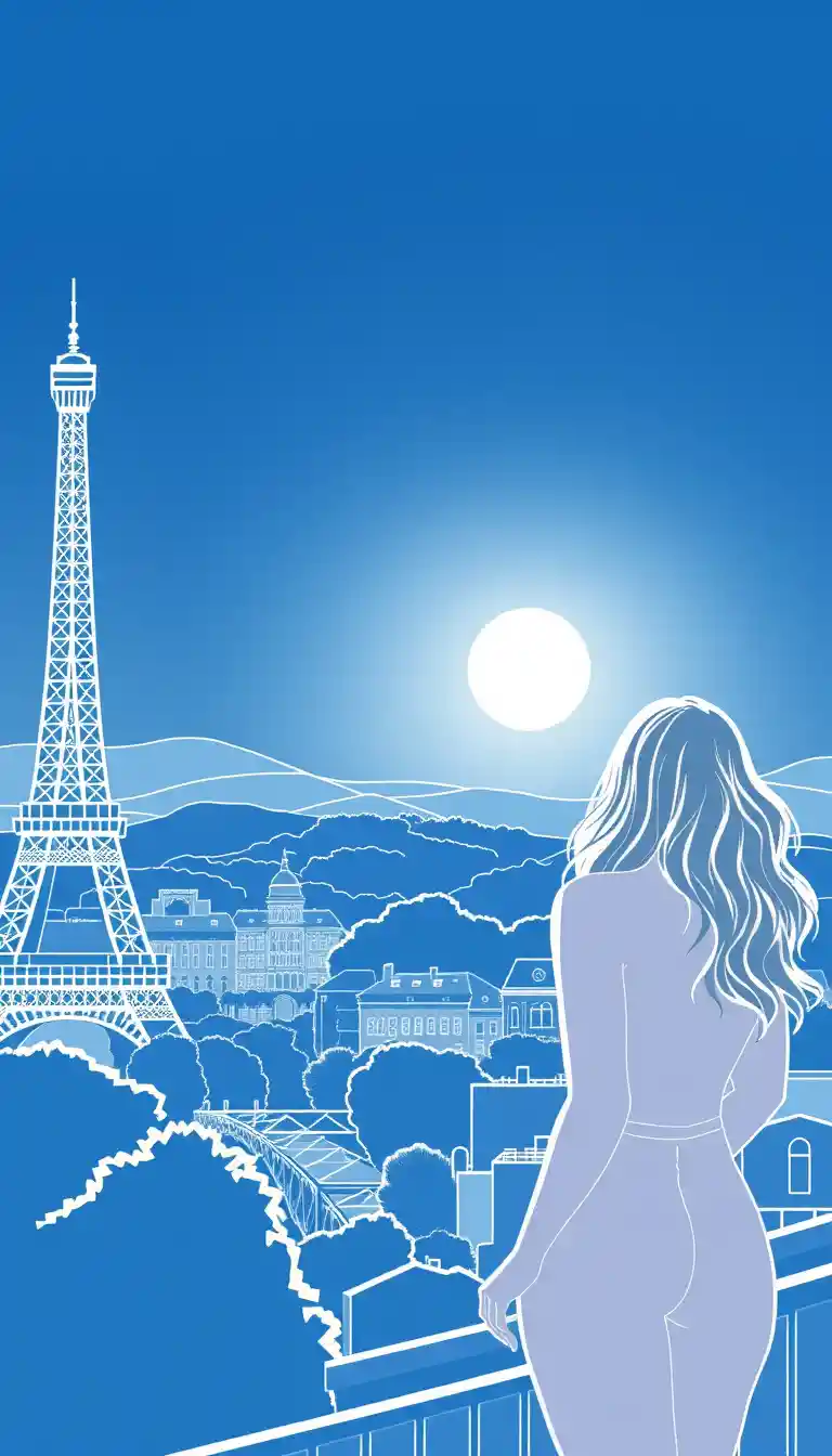 Glamorous woman in front of the Eiffel Tower line art