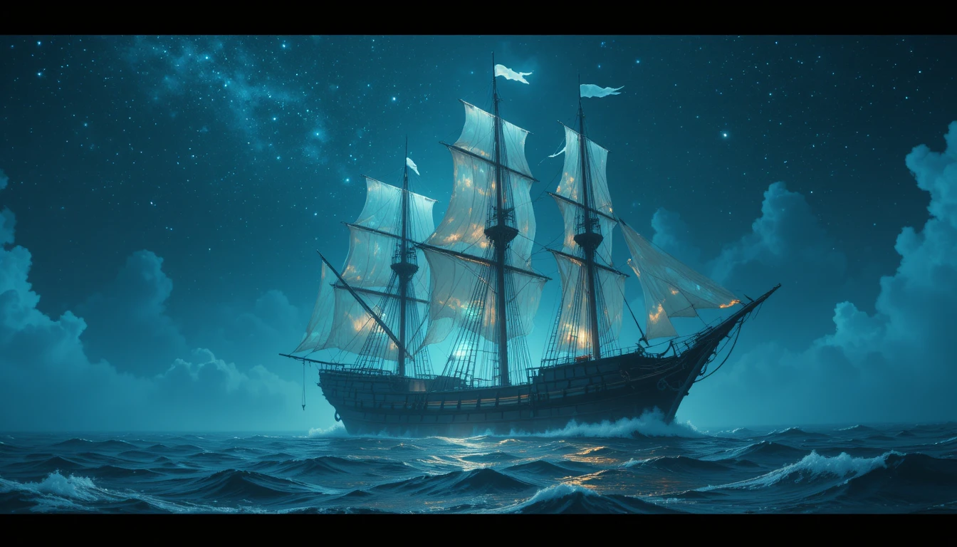 Nave Fantasma Eterea che Solca un Mistico Mare Cosmico
