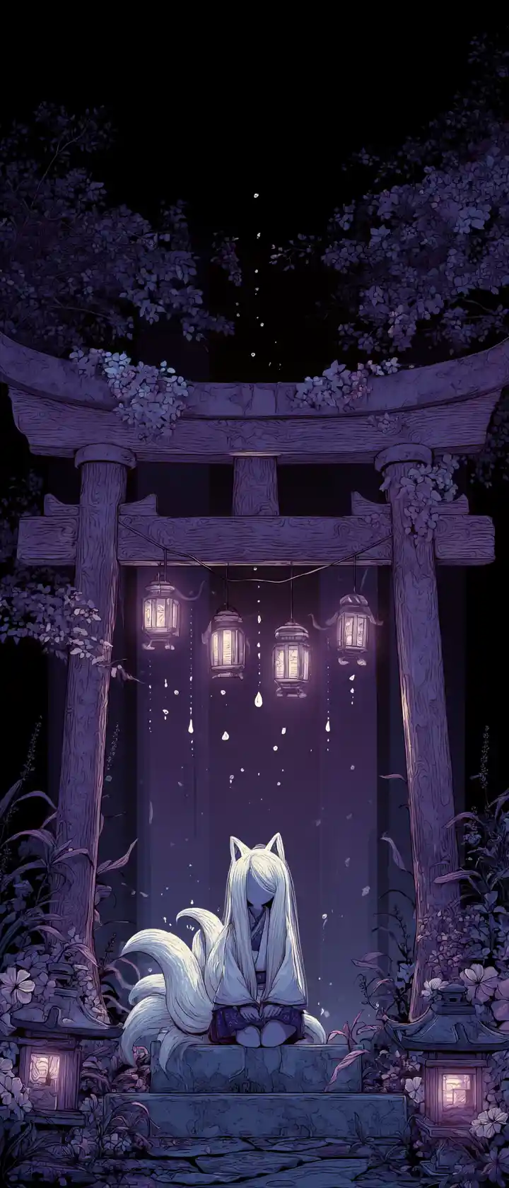 Fox spirit girl on abandoned shrine torii at twilight