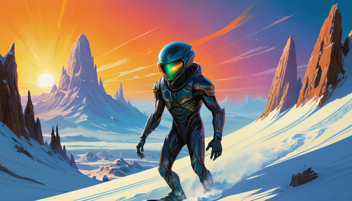 Alien snowboarder racing down a crystalline alien mountain