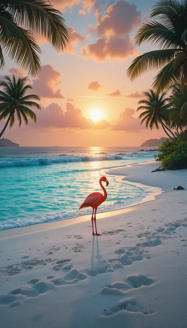 Flamingo solitário em praia tropical ao pôr do sol sereno