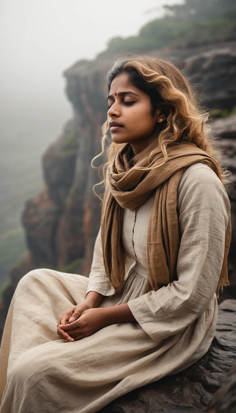 Young woman meditating on a windy cliff edge