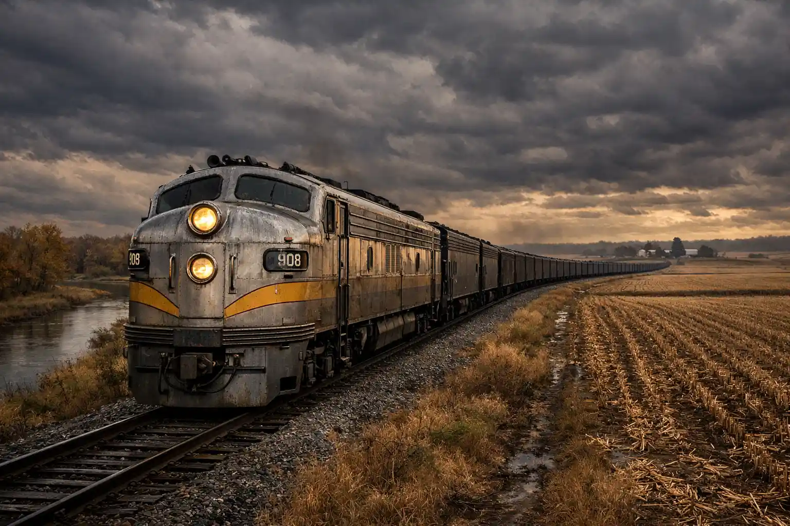 Vecchio treno streamliner che trasporta carbone tra campi autunnali