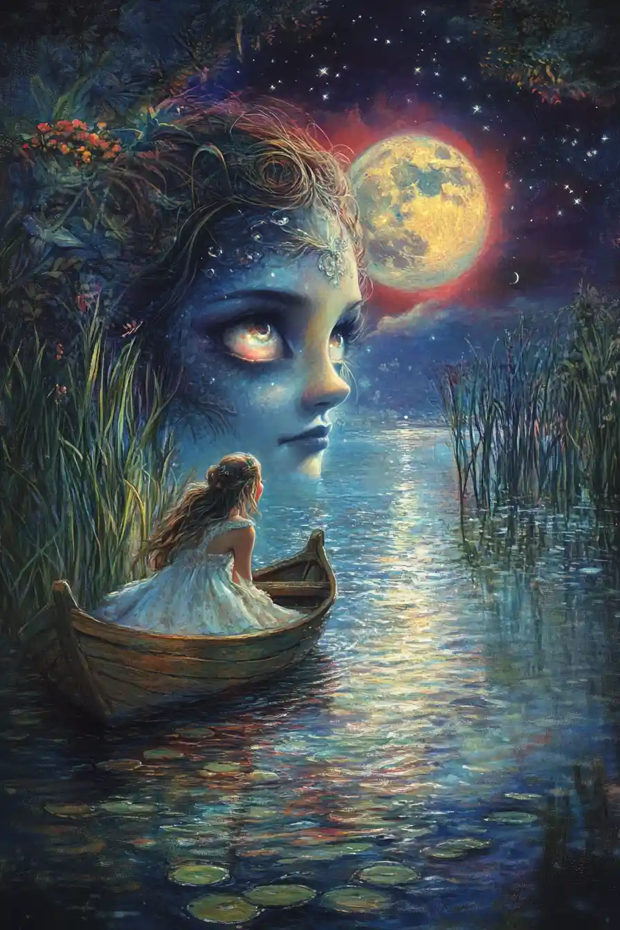 Moonlit fairy rising from a tranquil enchanted lake