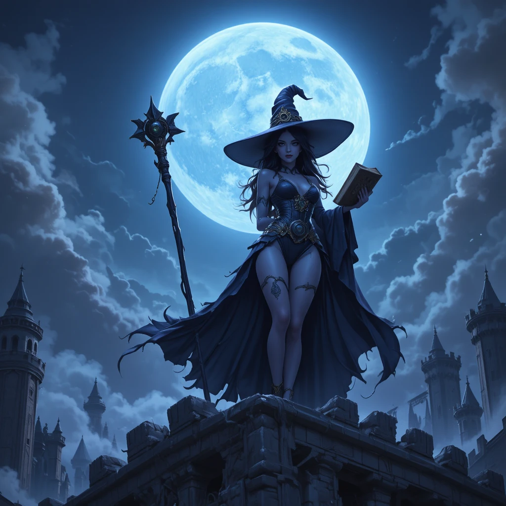 Mystical sorceress on a ruined gothic castle under moonlight