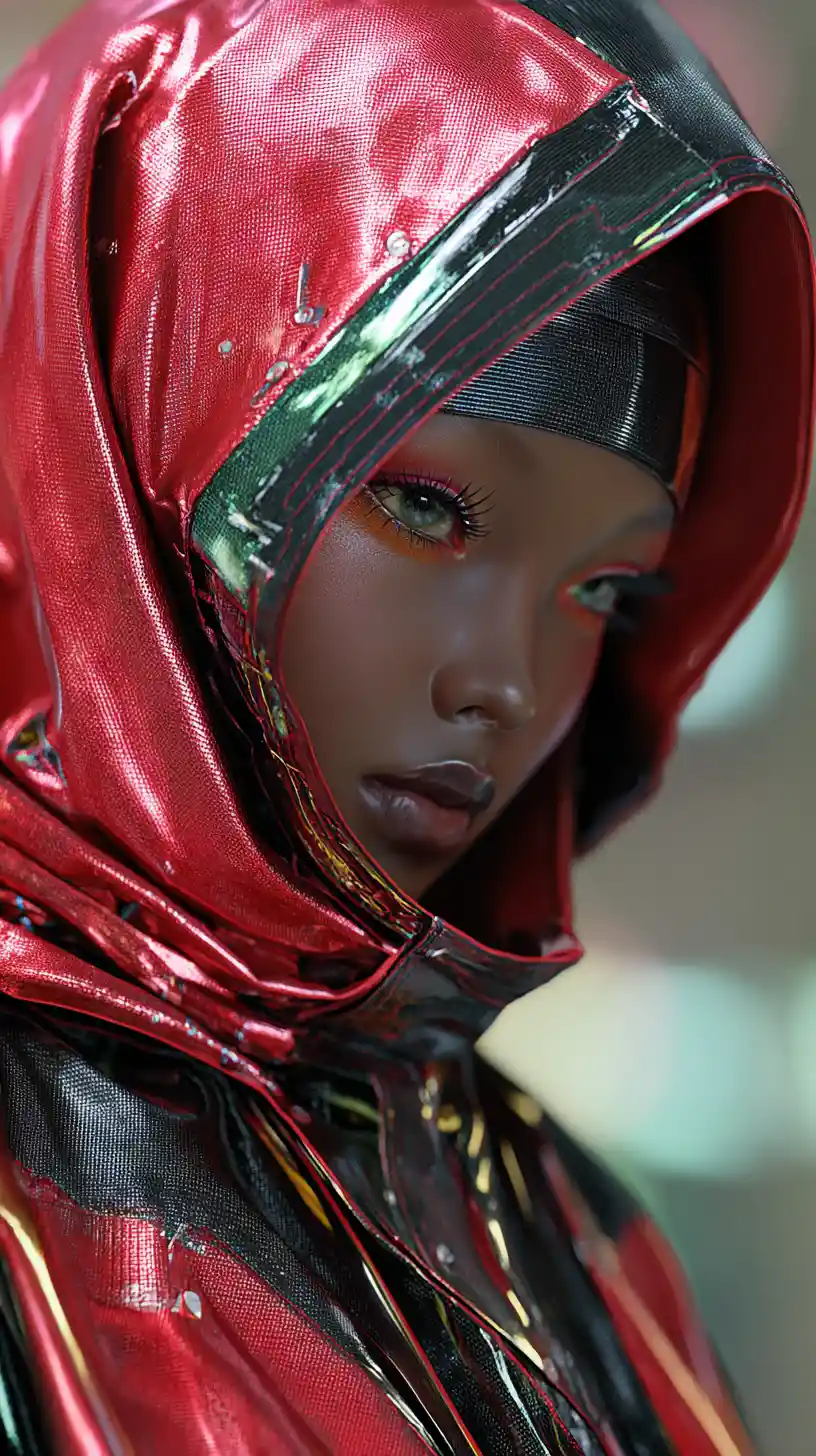 Afrofuturistic woman in red green hood with k pop style