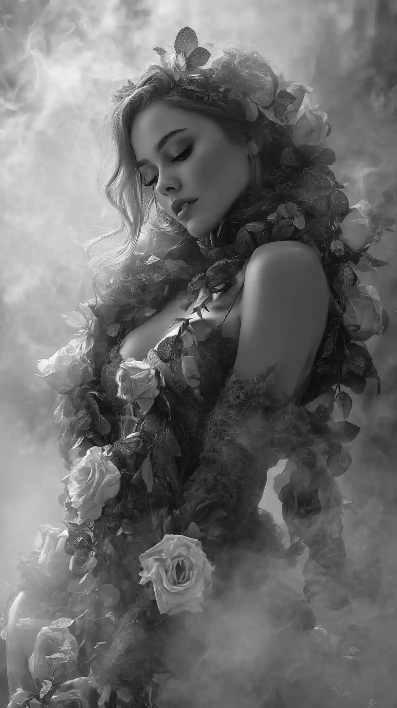 Woman emerging from living mist in a rose garden