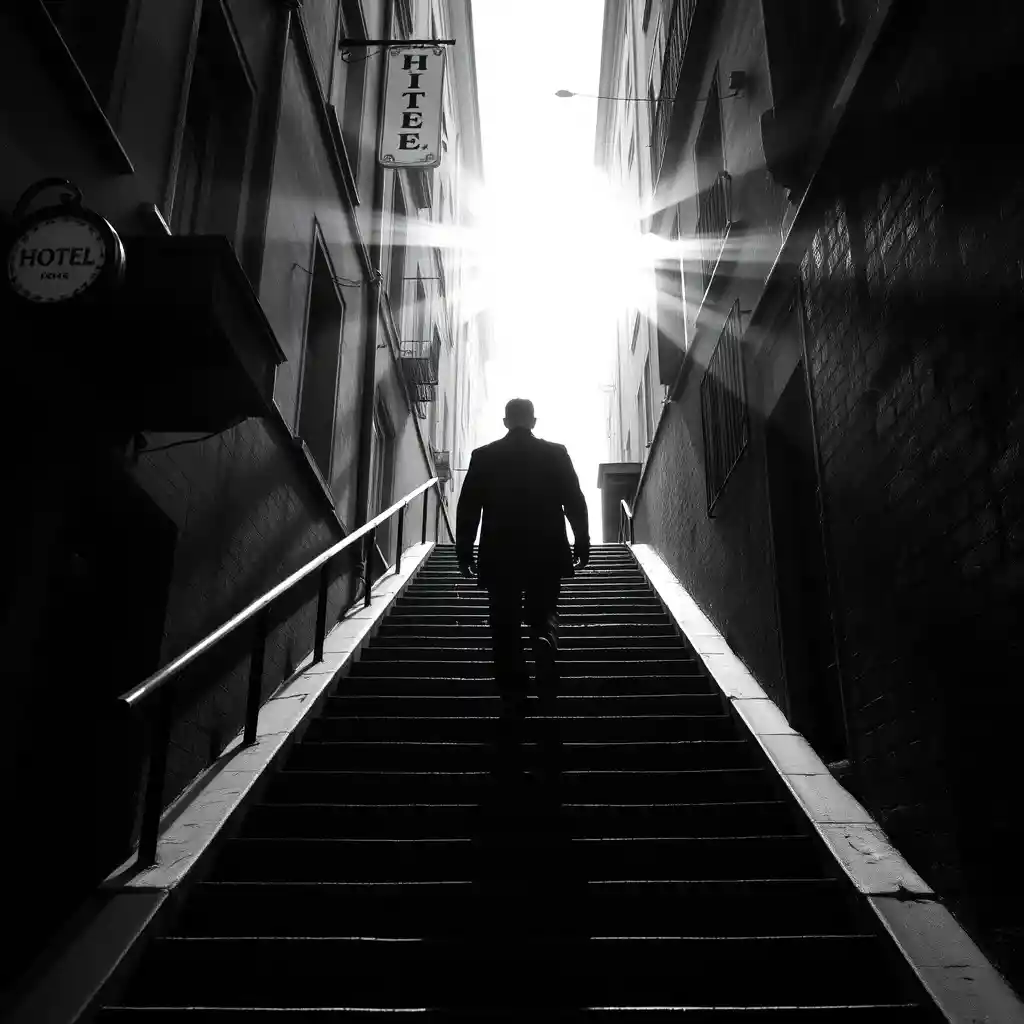 Hombre solitario subiendo escaleras iluminadas por el sol en una calle estrecha de la ciudad
