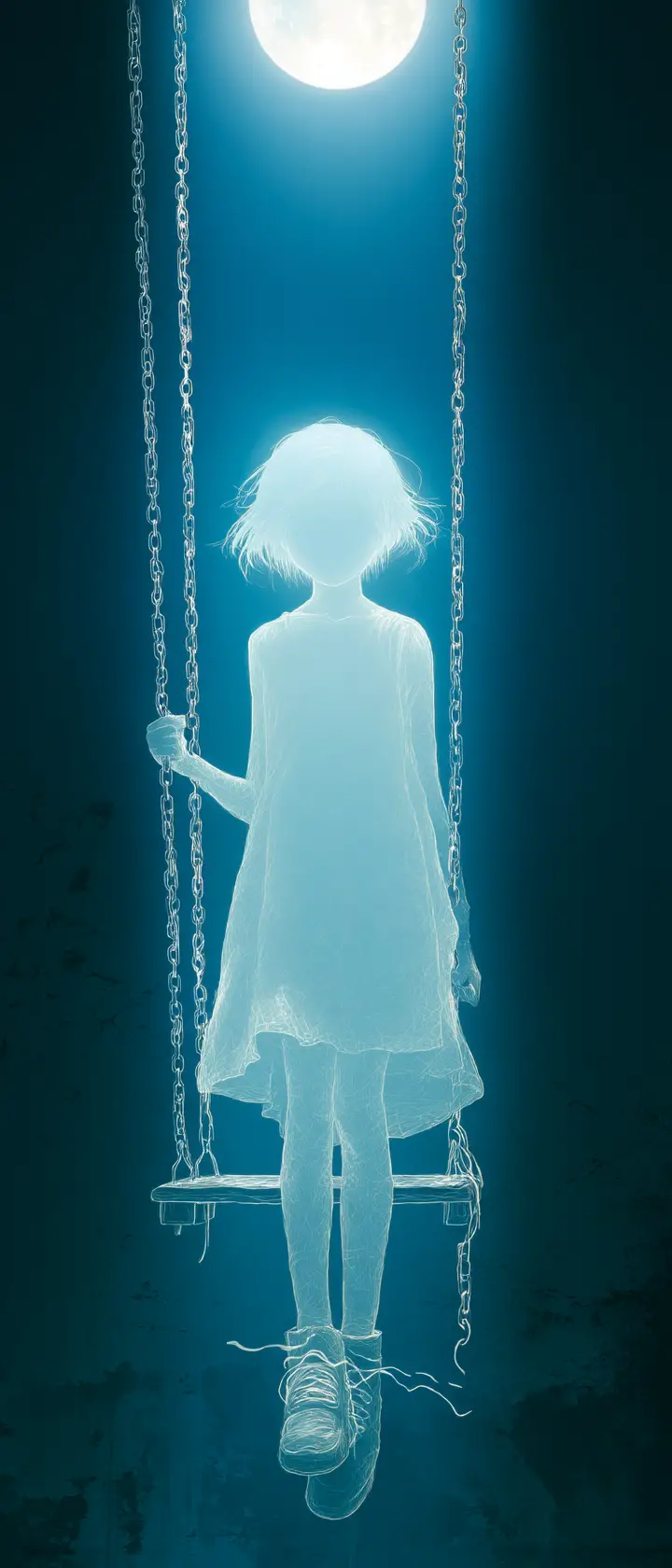 Translucent girl fading beside a moonlit playground swing