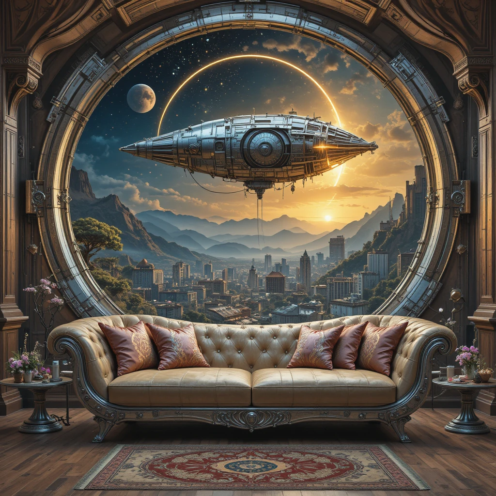 Futuristic Baroque Lounge With Sofa And Alien City View