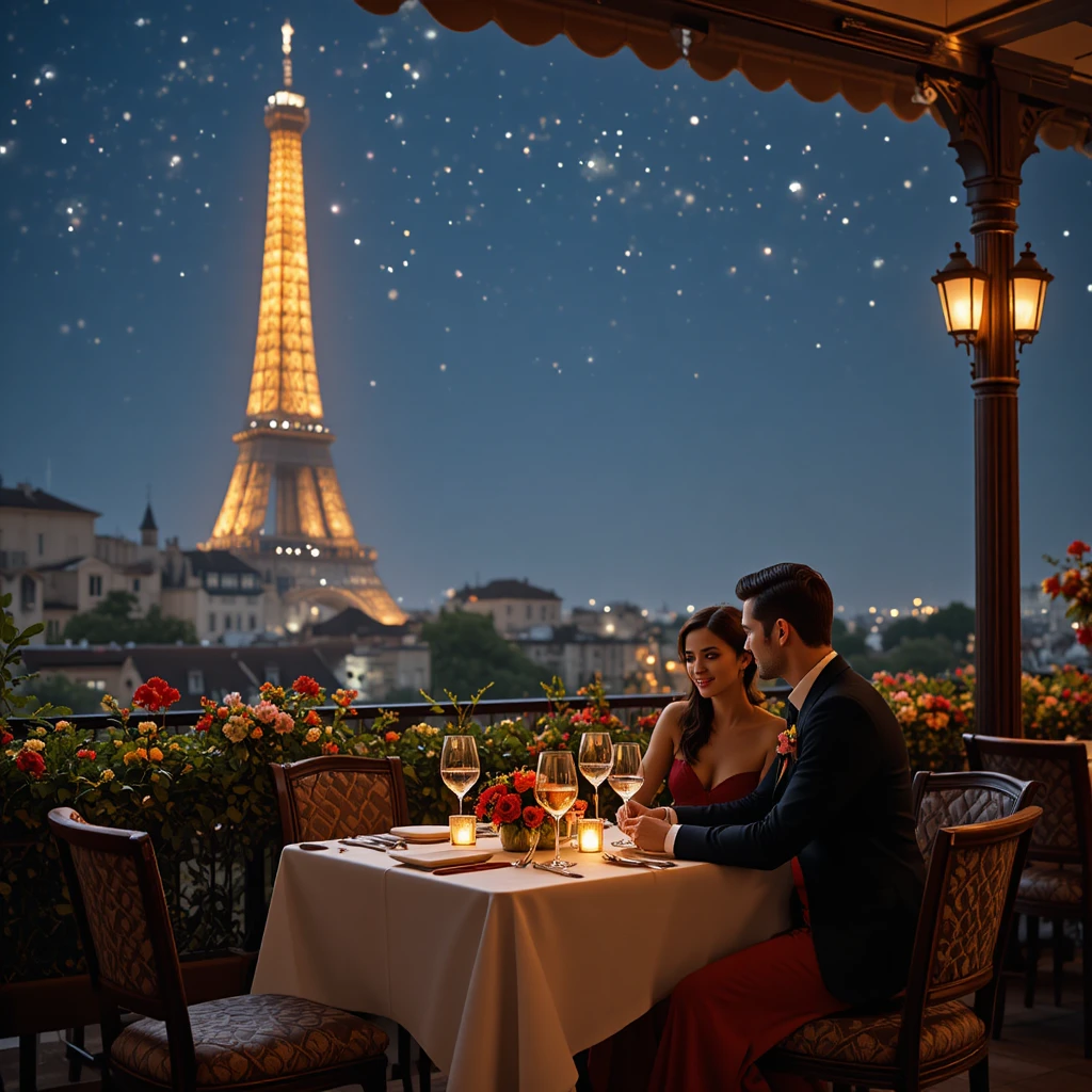 Romantic couple dining on a terrace overlooking the Eiffel Tower