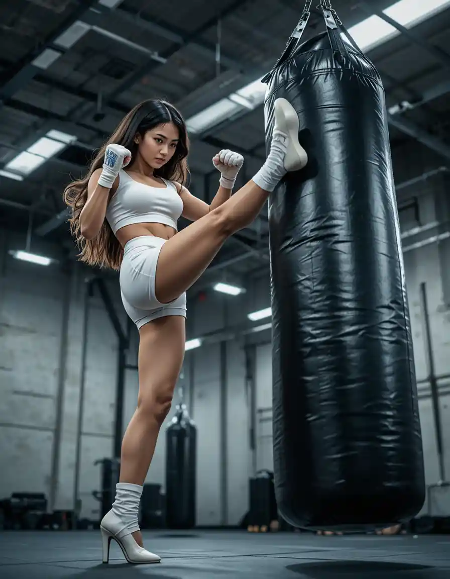 Fit woman kicking heavy bag in high heels in gym