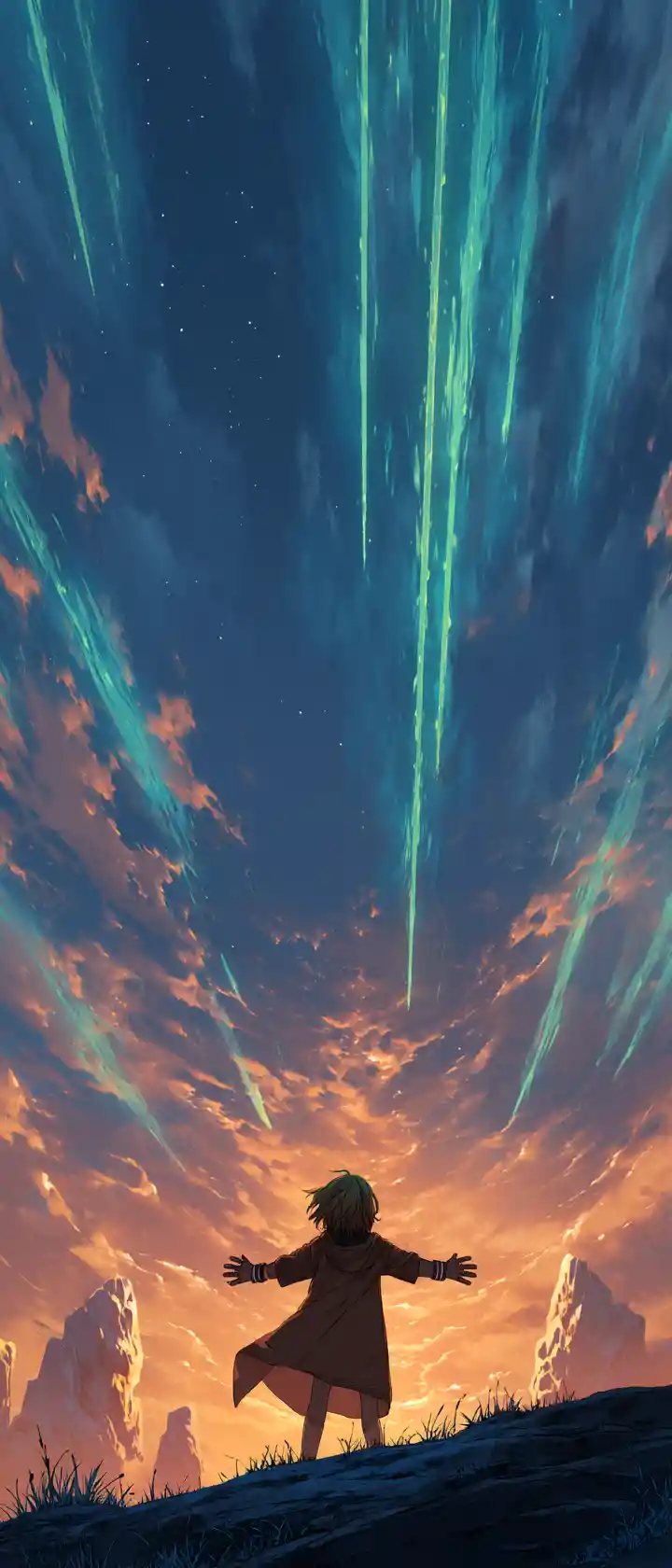 Chosen youth awakens destiny beneath a divided twilight sky