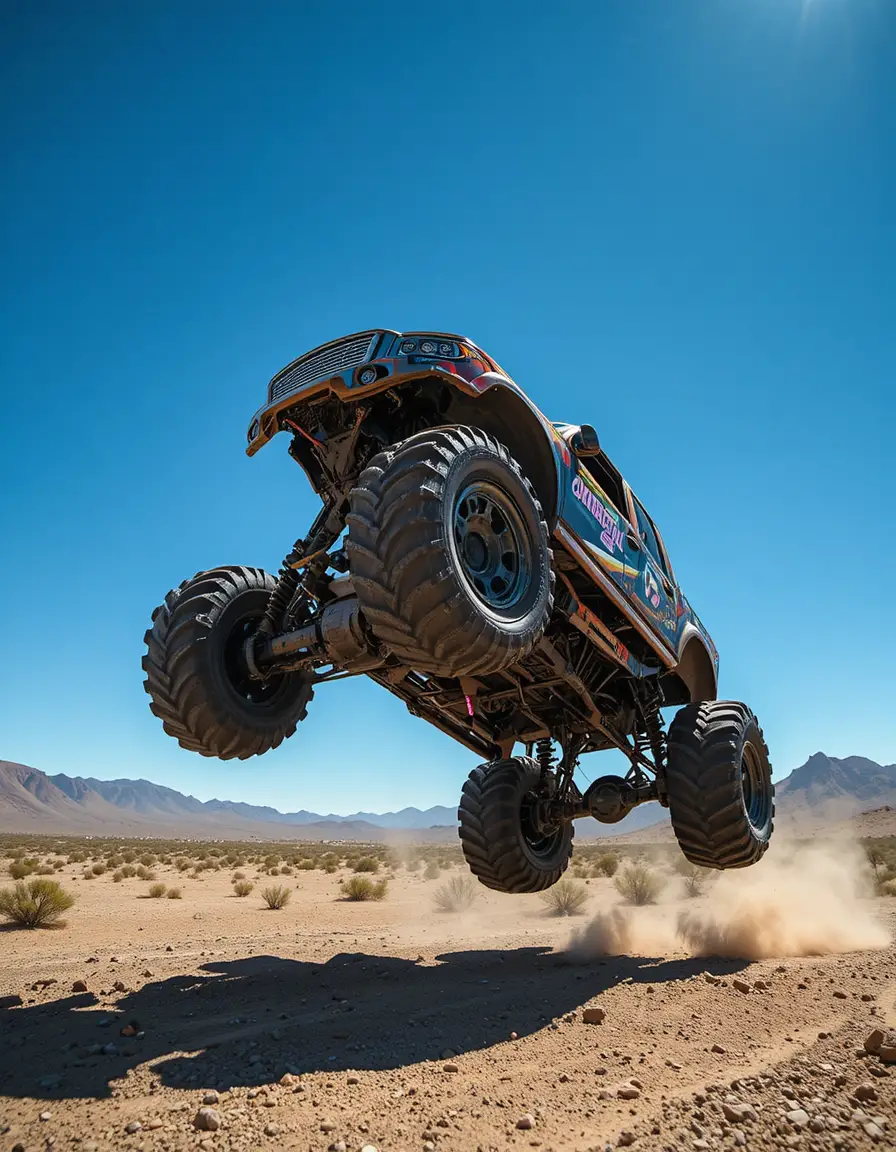사막 모래 위로 높이 점프하는 오프로드 몬스터 트럭