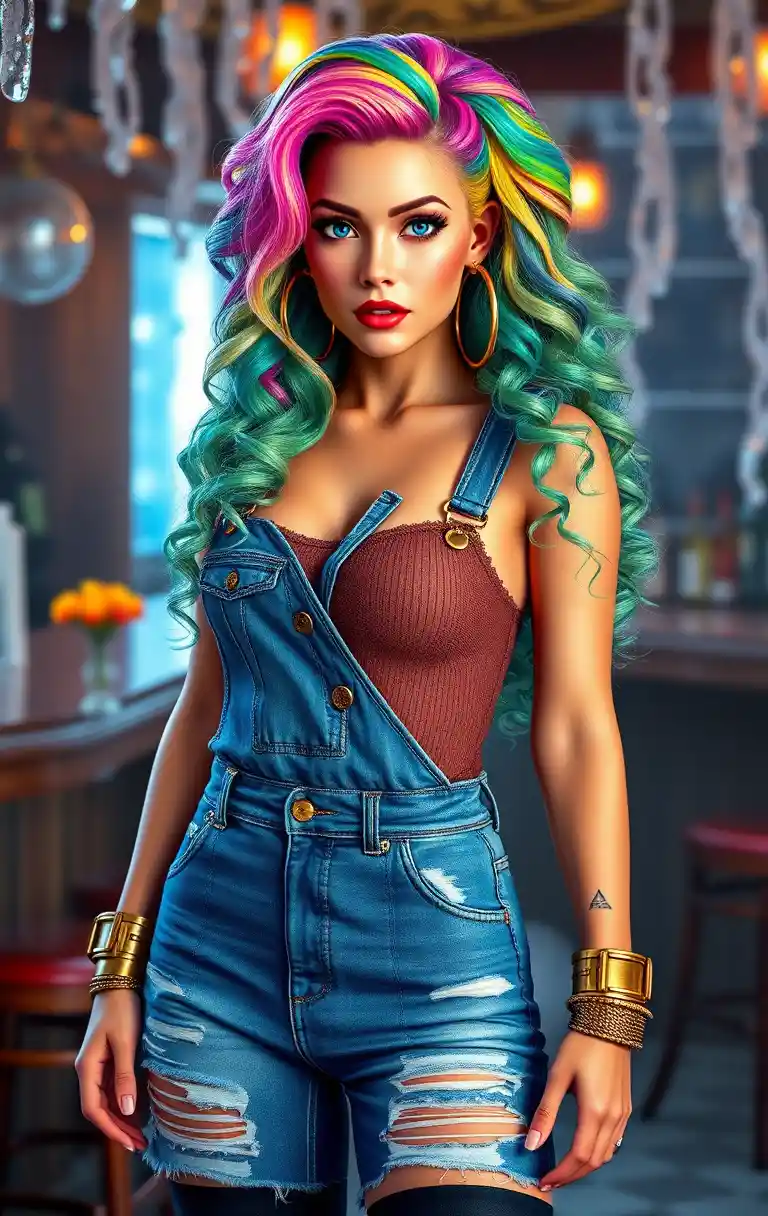 Stylish woman with rainbow hair in an icy bar interior