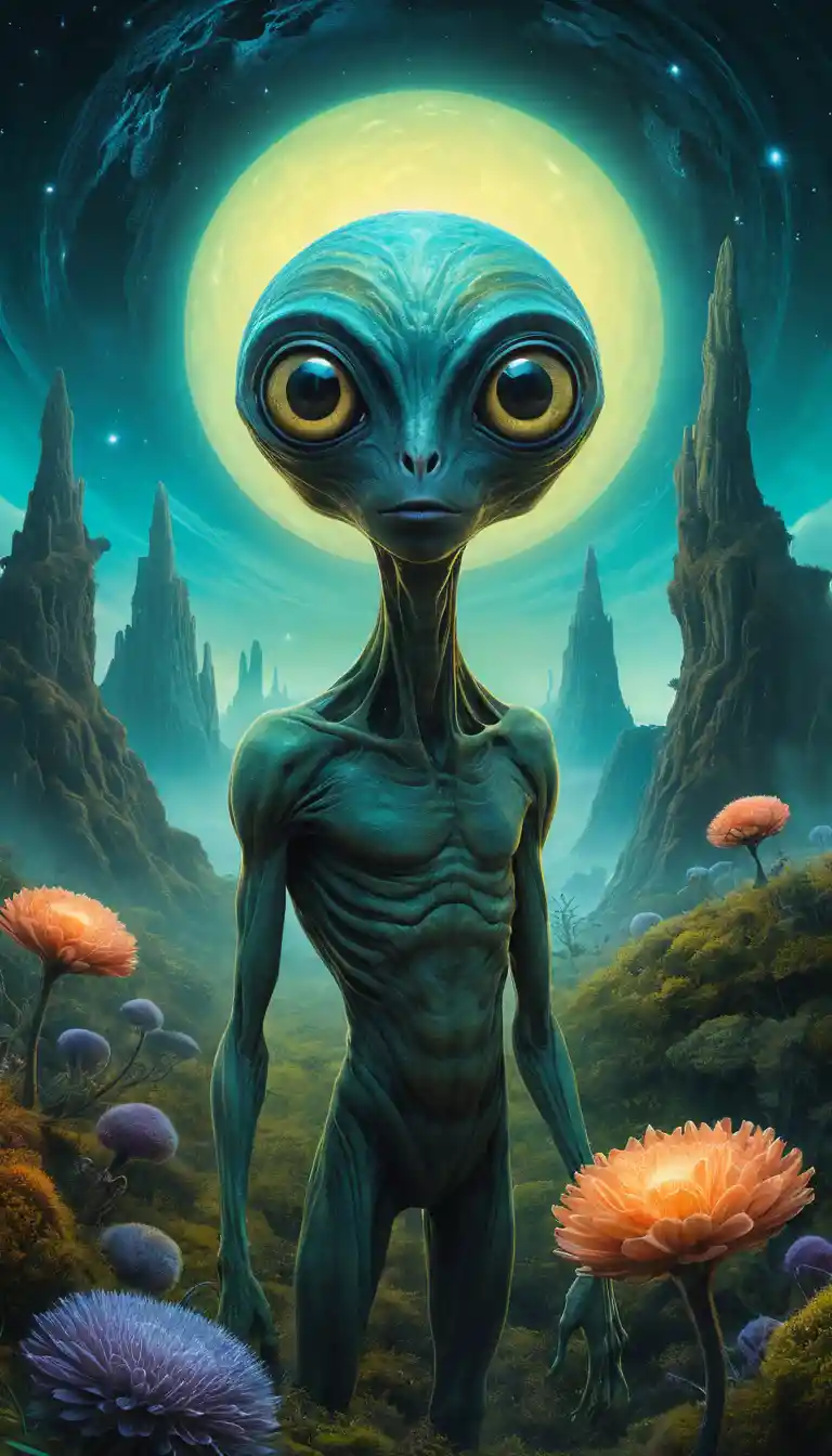 Playful alien creature among glowing plants on distant world