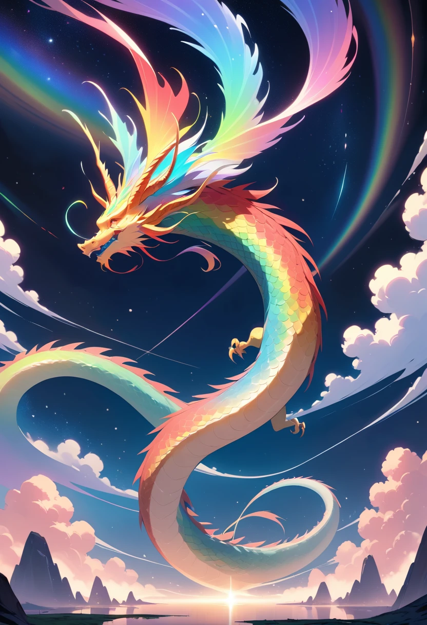 Majestueux dragon chinois volant à travers un ciel étoilé de rêve