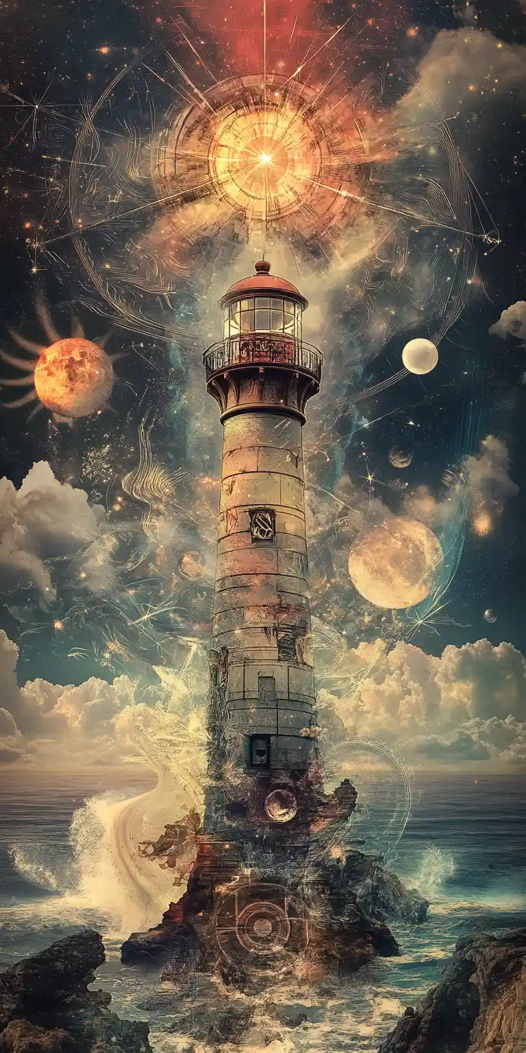 Surreal Lighthouse Gateway Rising From Fractured Abstract Coastline