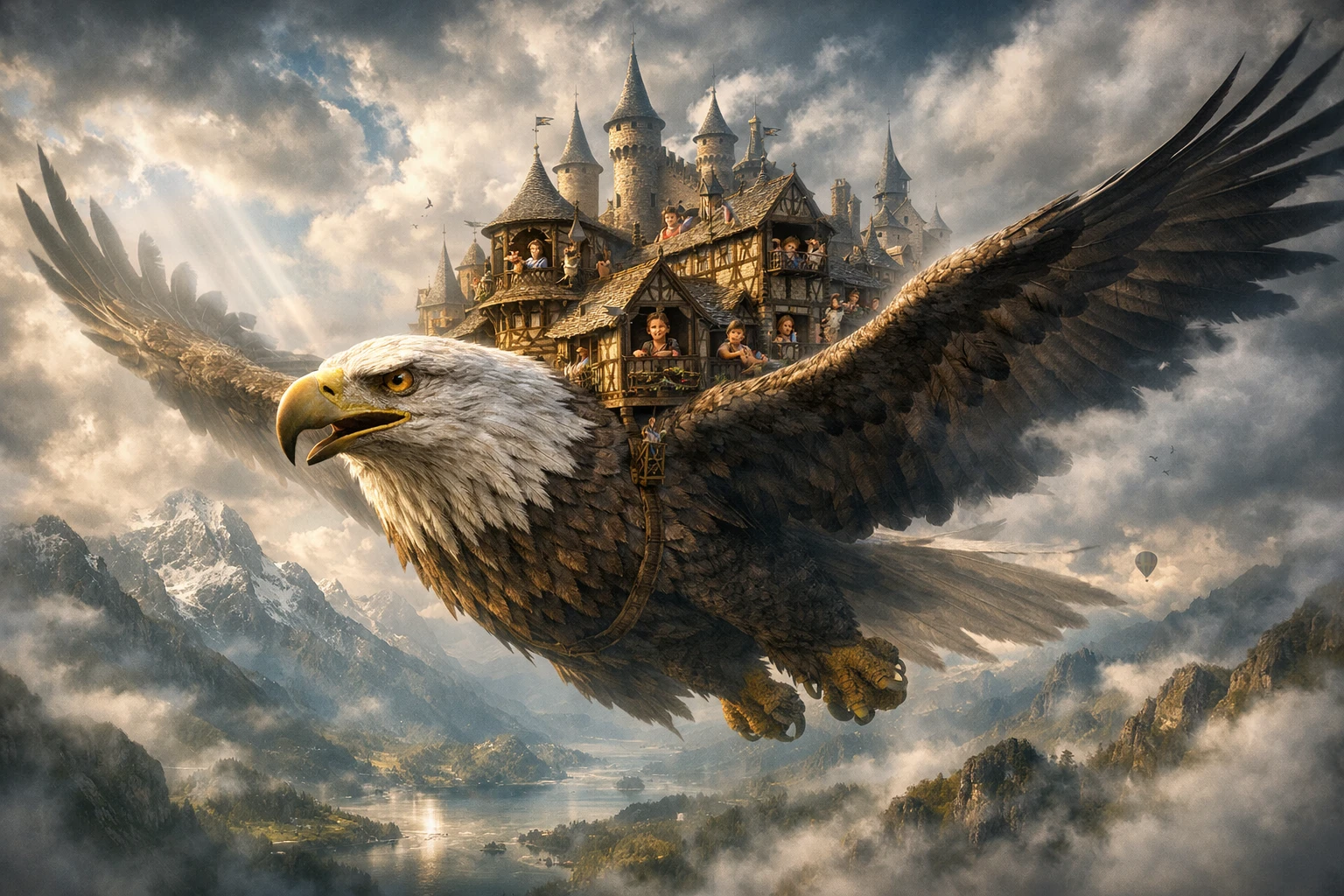 Giant eagle carrying a medieval town through misty skies