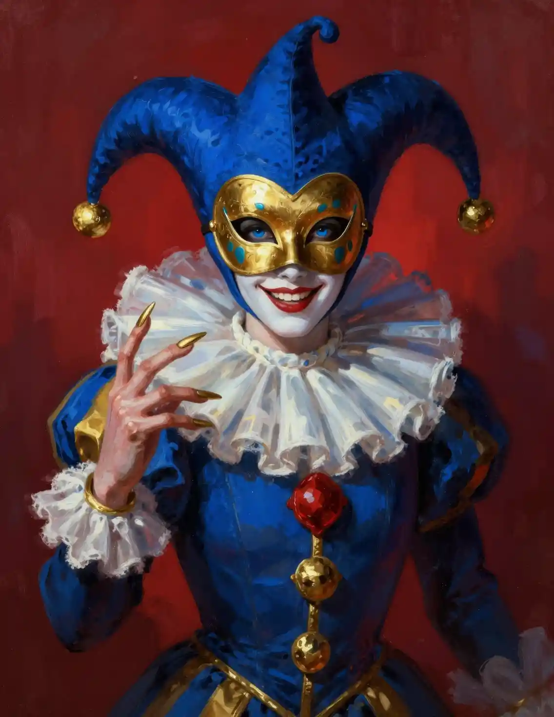 Mysterious harlequin portrait with gold mask and collar