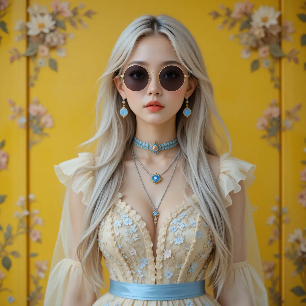 Dreamlike portrait of a young woman in floral dress