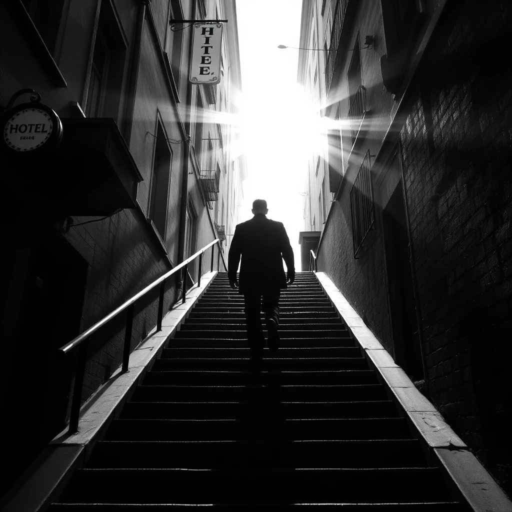 Hombre solitario subiendo escaleras iluminadas por el sol en una calle estrecha de la ciudad