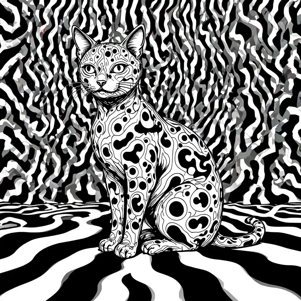 Trippy black and white cat doodle with abstract patterns