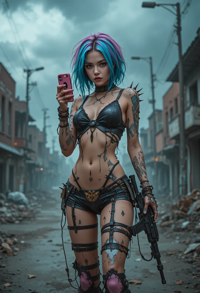 Punk woman with gun in ruined radioactive city street