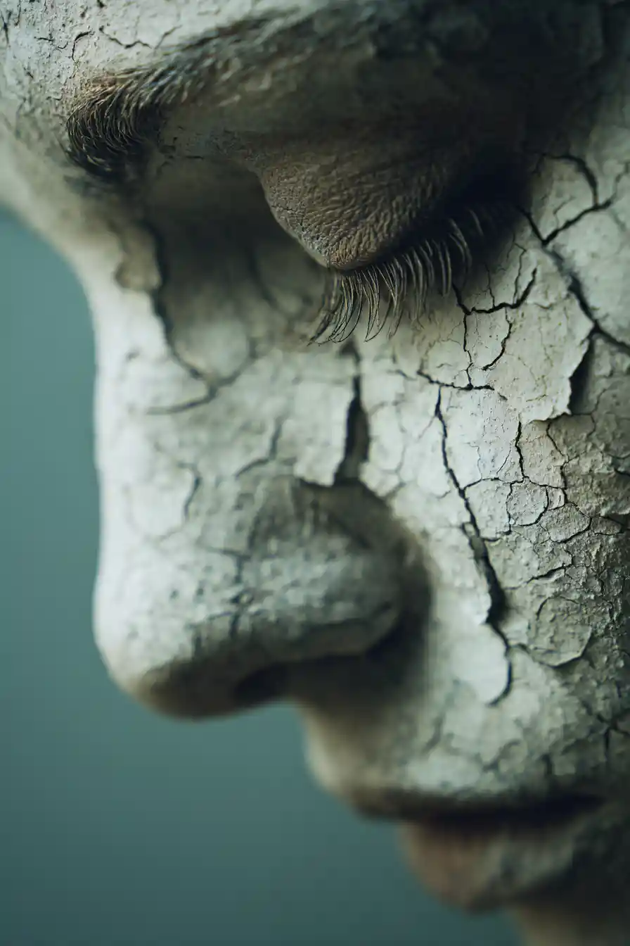 Extreme close up face with cracked white paint and eyelash