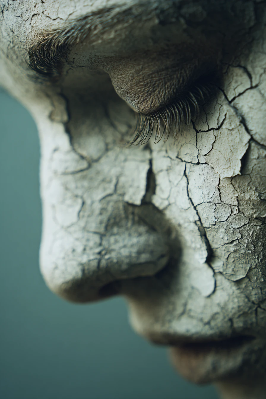 Gros plan extrême d’un visage avec peinture blanche craquelée et cils