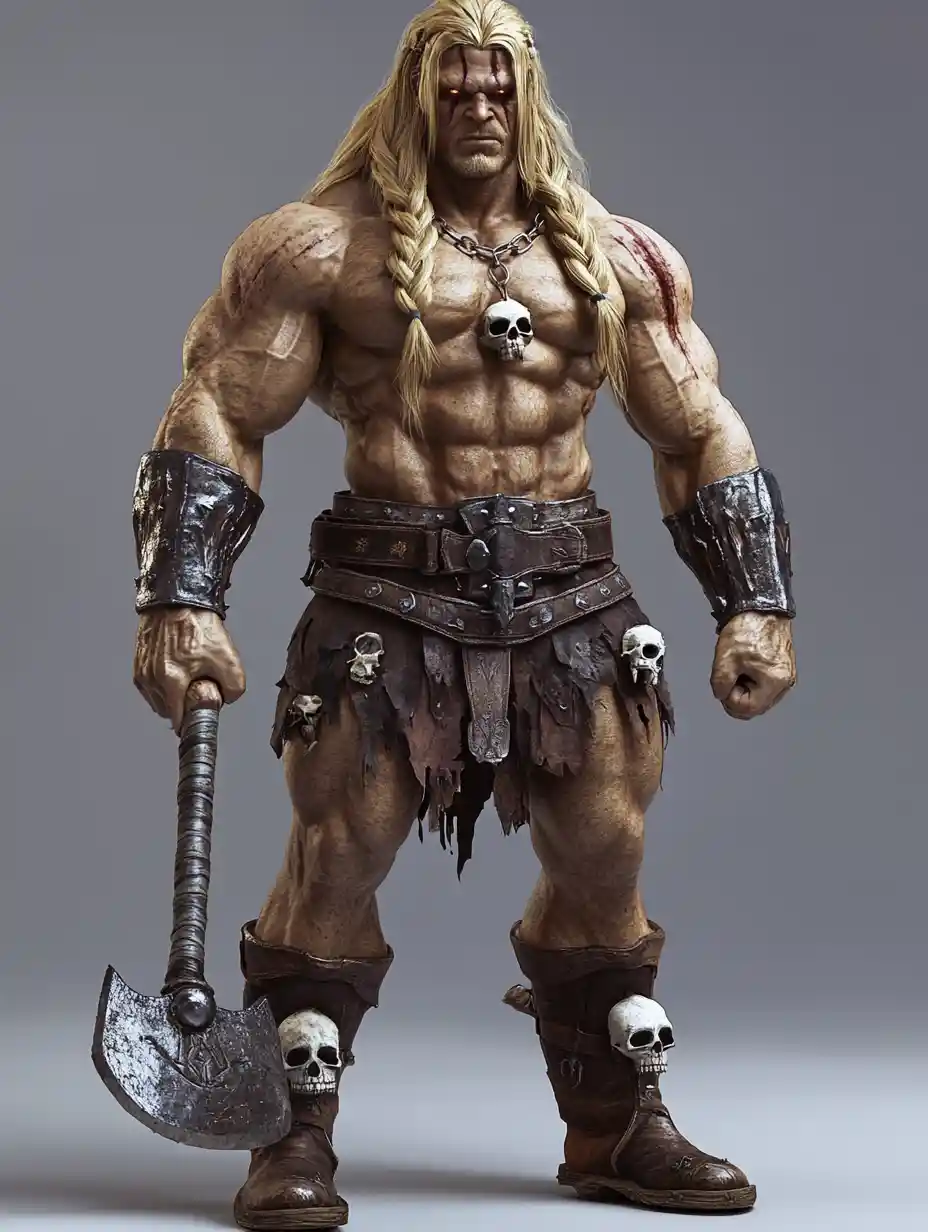 Muscular barbarian warrior holding an axe in 3D render