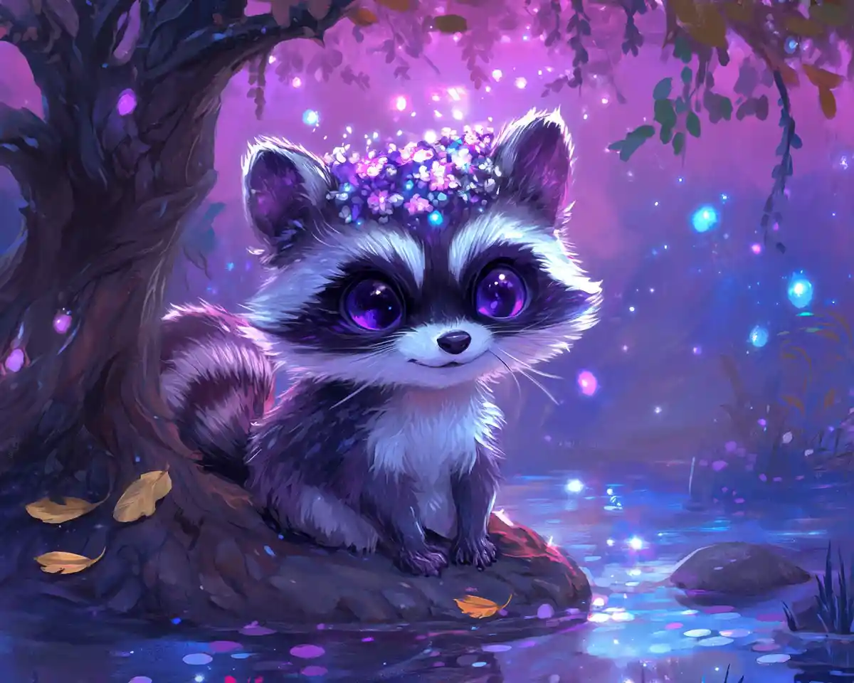 Regal chibi raccoon by a magical glowing tree