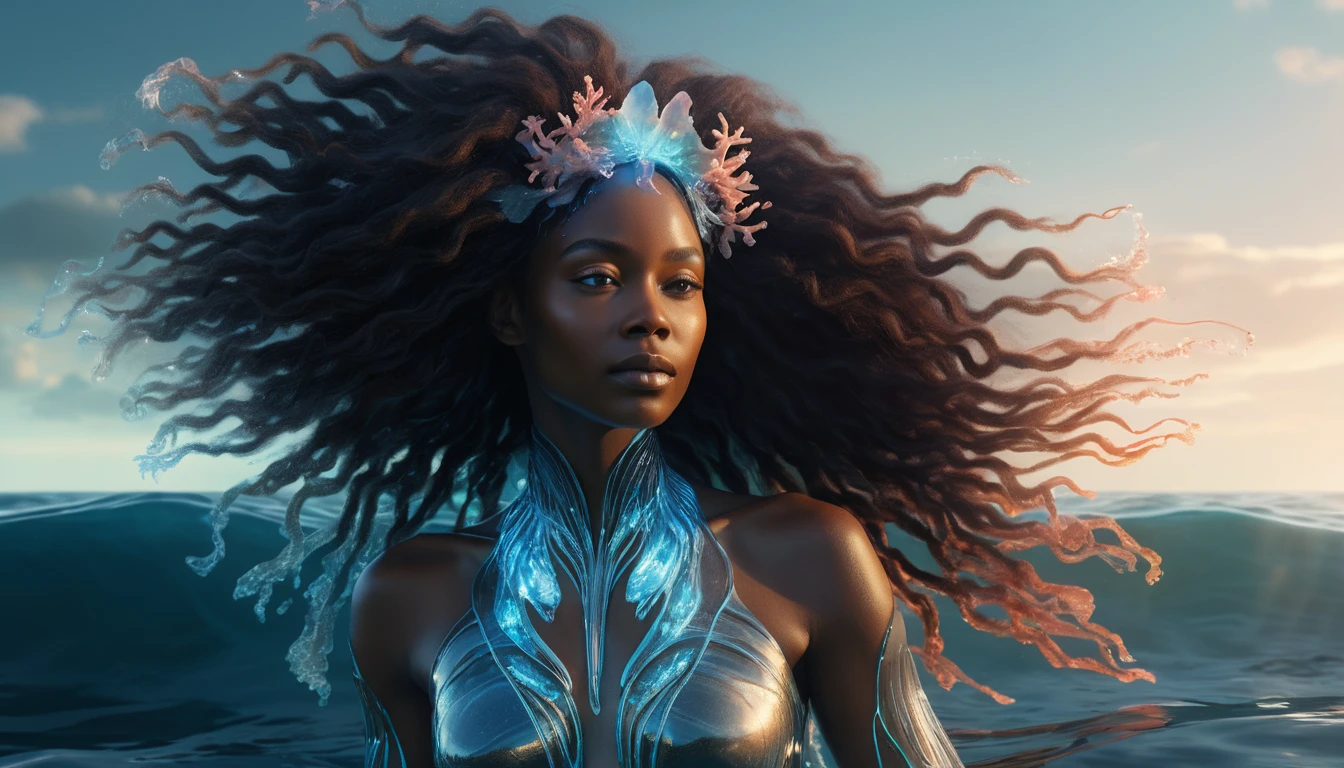 Afrofuturistic woman rising from a glowing ocean