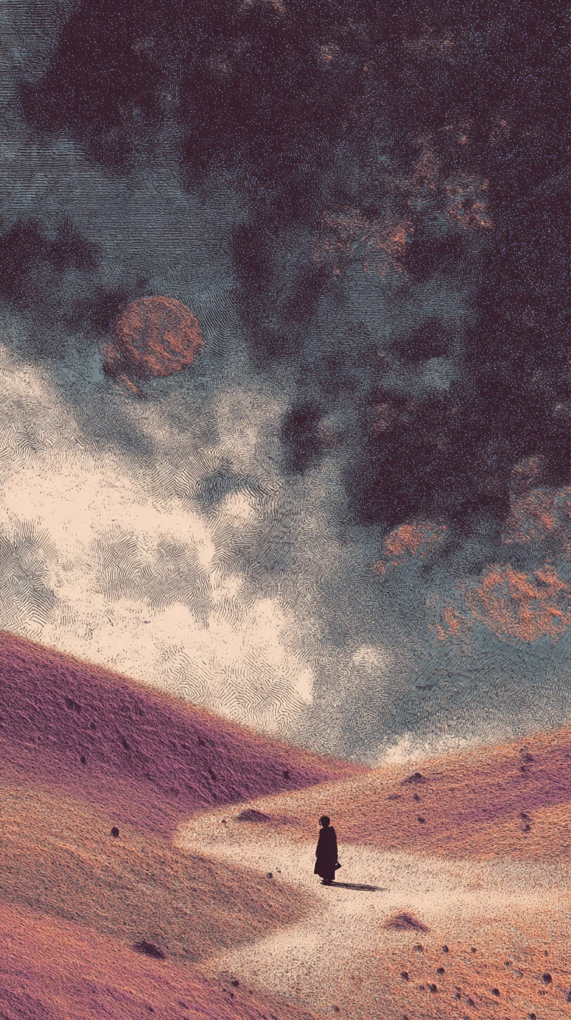 Lonely wanderer crossing a vast surreal desert