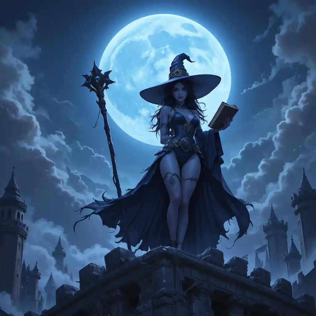 Mystical sorceress on a ruined gothic castle under moonlight