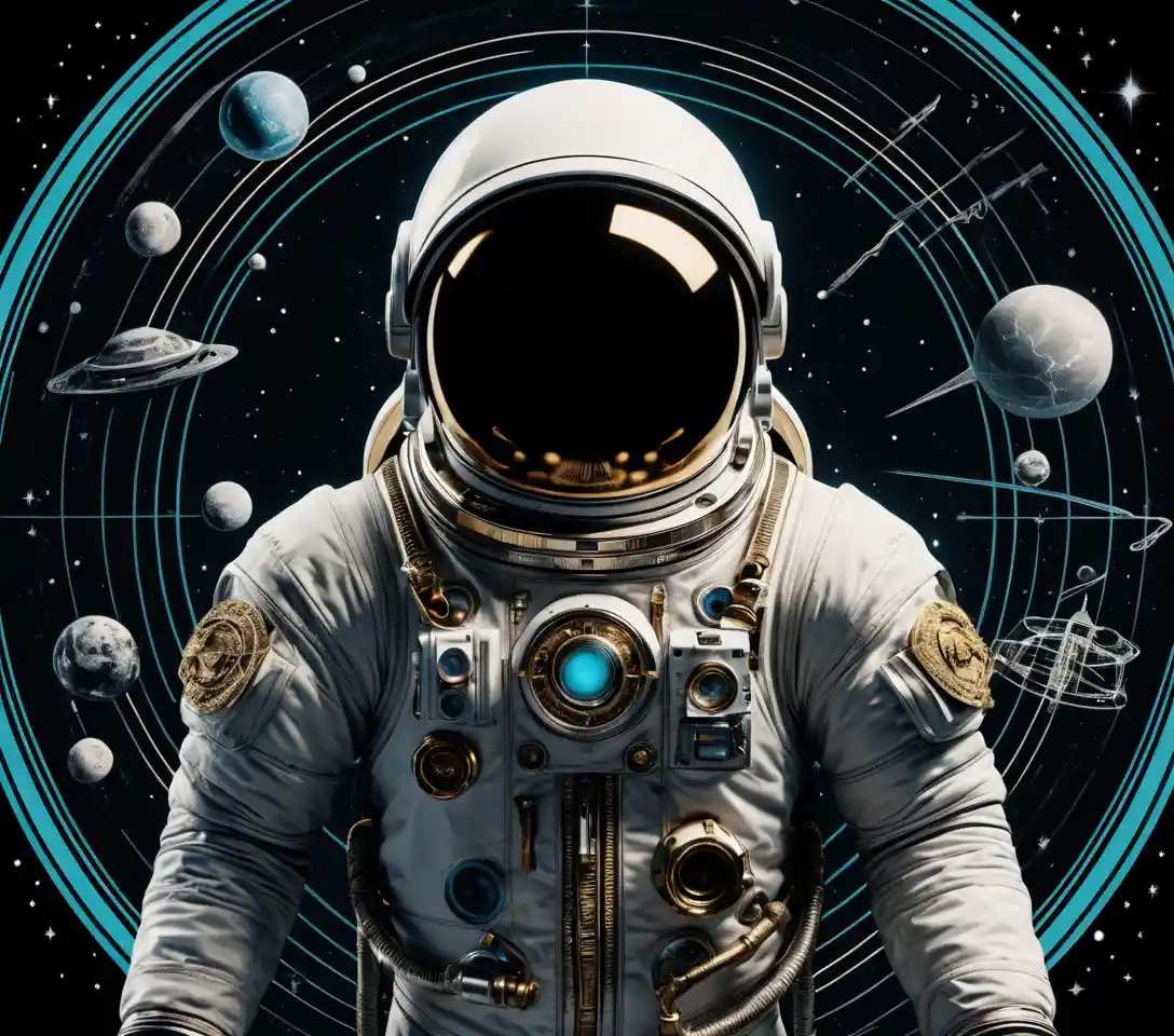 Silhouette di astronauta riempita di simboli cosmici sacri