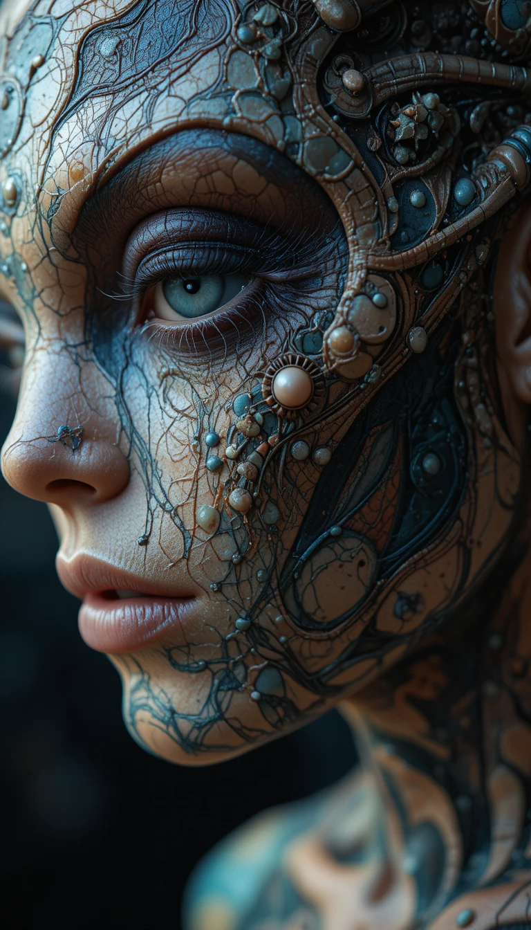 Vue macro de peau extraterrestre avec tatouages biomécaniques changeants