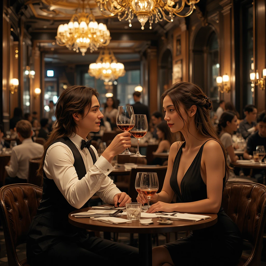 Giovane coppia che brinda con vino in un elegante ristorante di Parigi