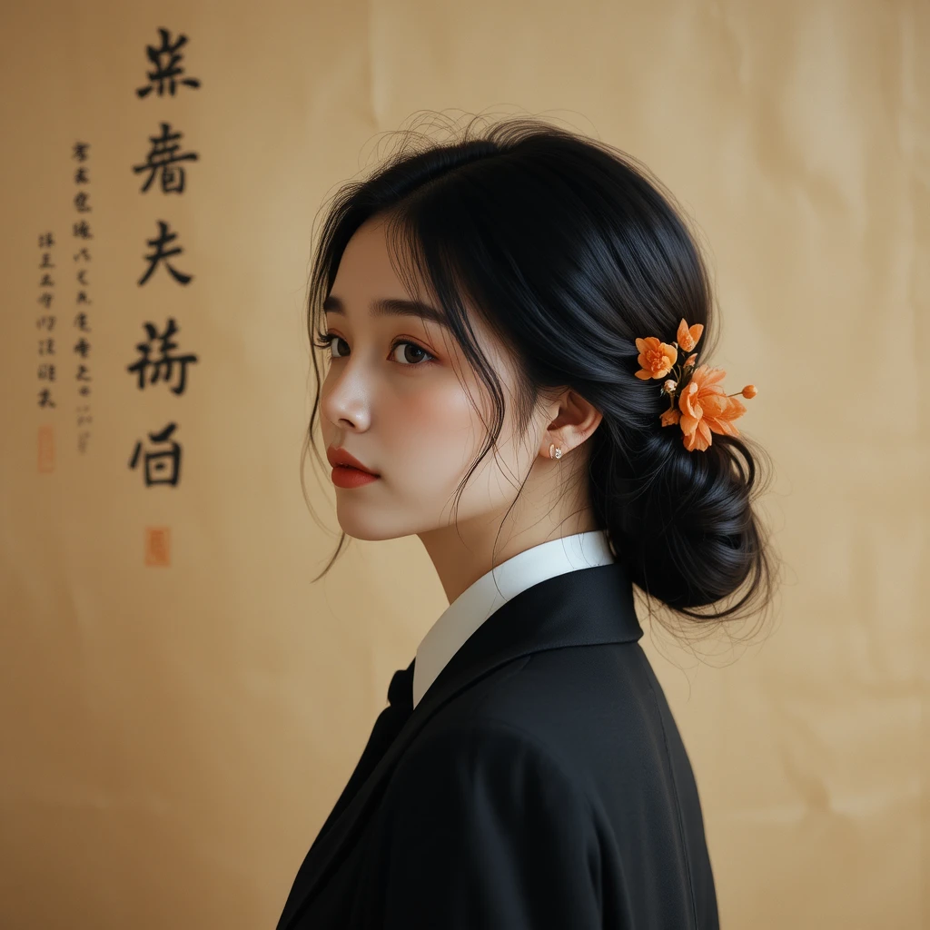 복숭아색 꽃 머리장식을 한 검은 수트의 젊은 여성