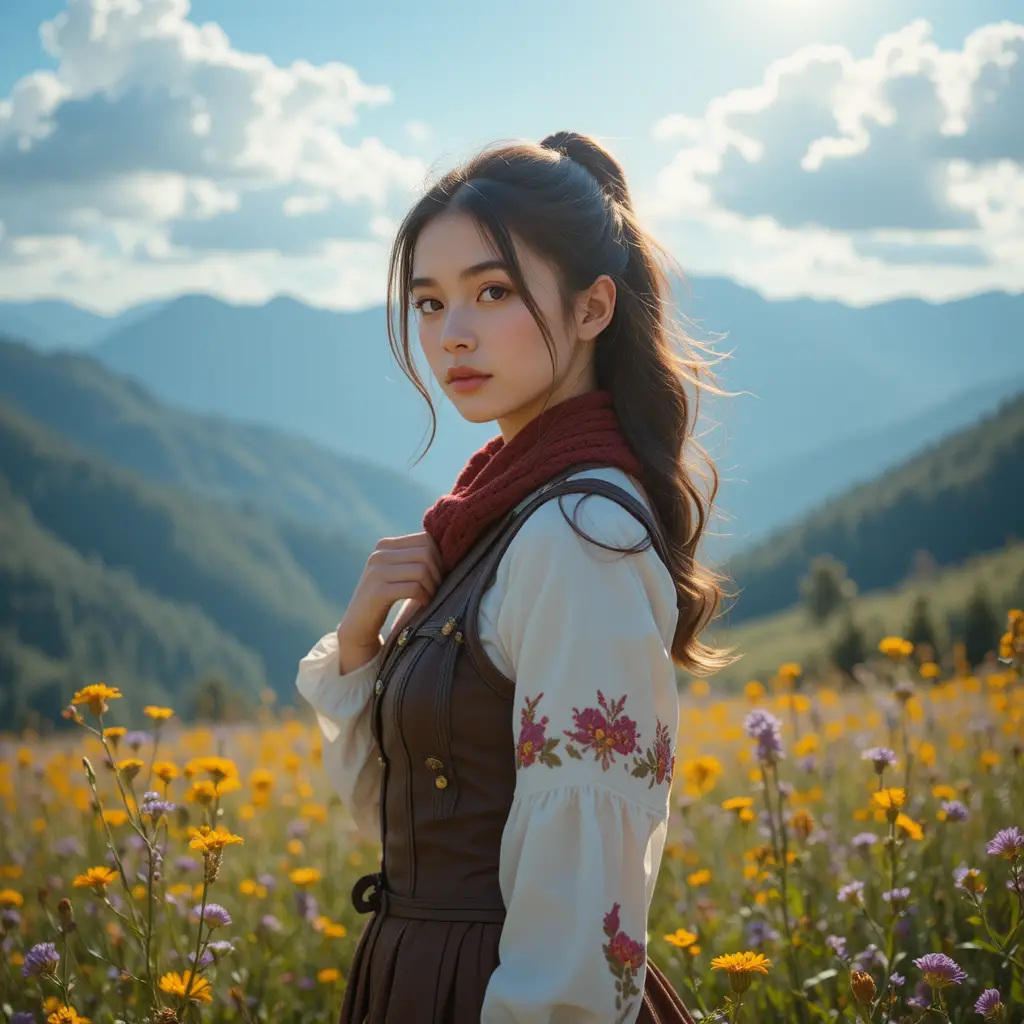 Jeune femme en blouse brodée dans une prairie de montagne ensoleillée