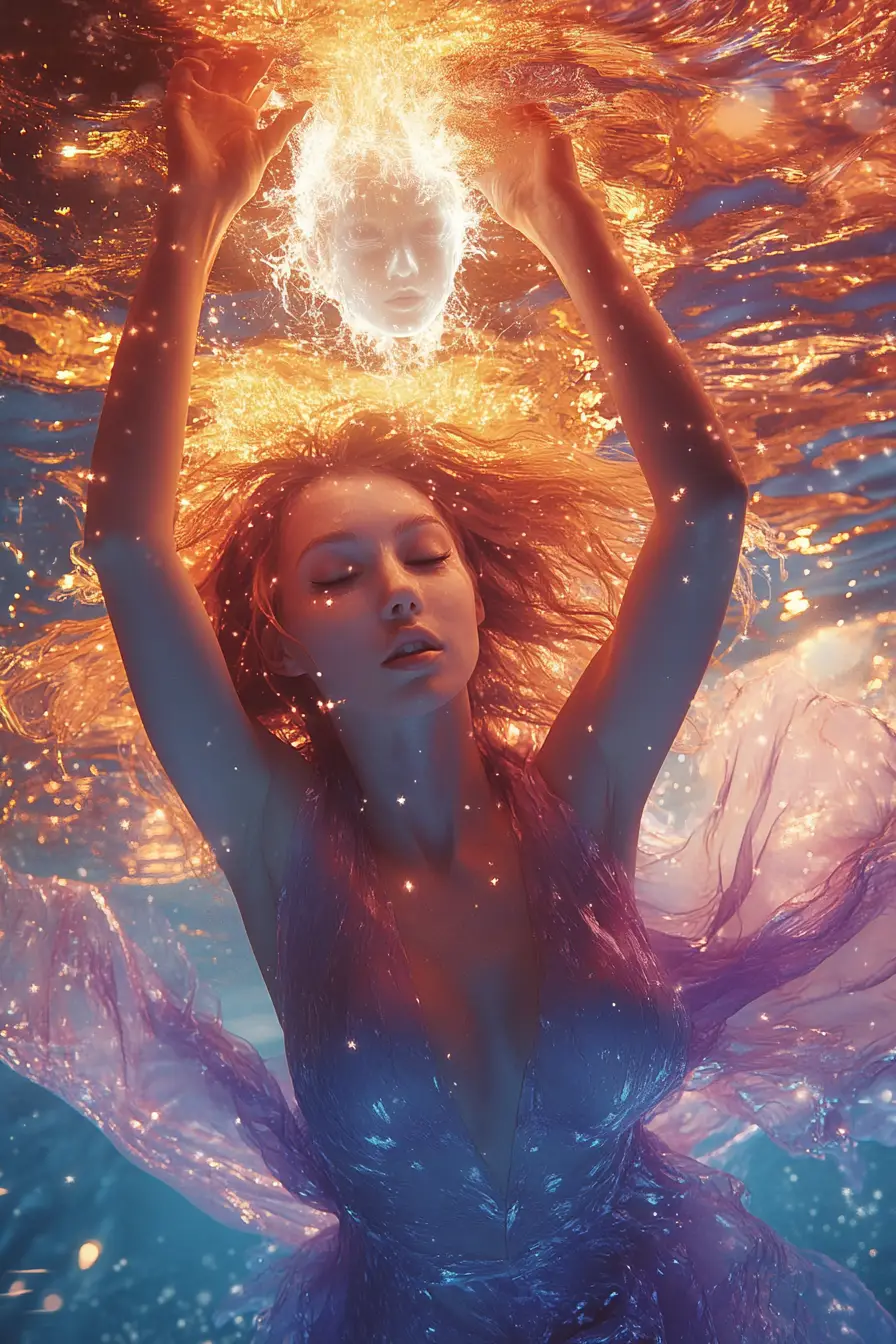 Ethereal woman rising from water holding glowing alien face