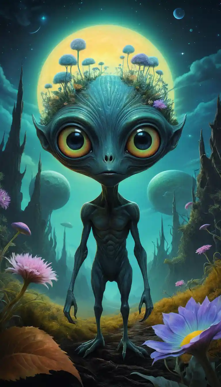 Playful alien exploring glowing plants on distant world
