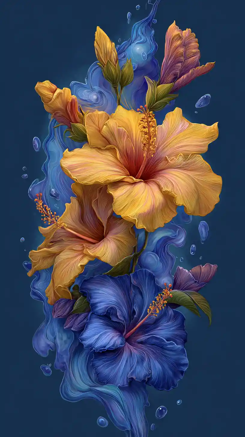 Digital illustration of fragrant orchid and hibiscus flowers
