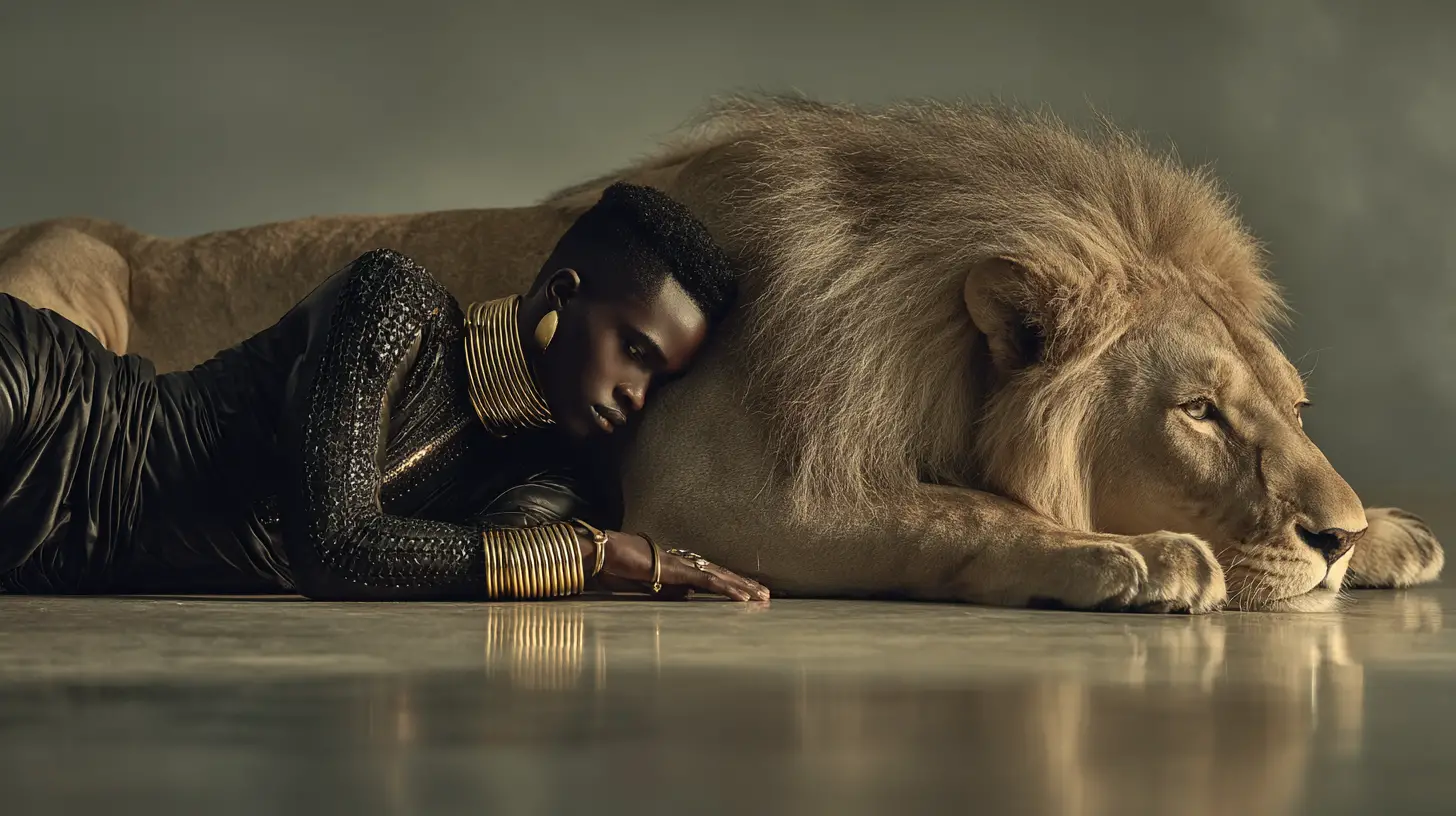 Afrofuturistic man and lion in mirrored fashion pose