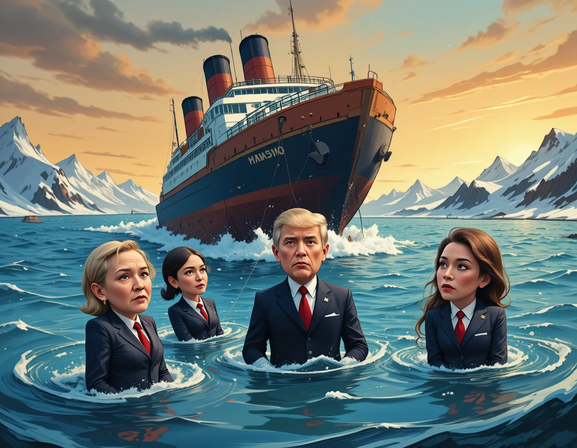 Vignetta satirica con transatlantico che affonda e politici incatenati