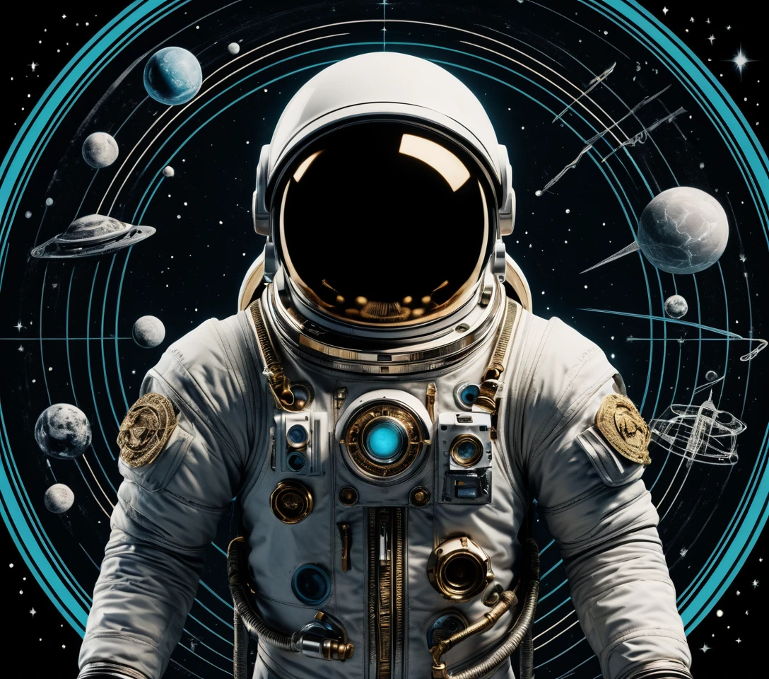 Silueta de astronauta llena de símbolos cósmicos sagrados