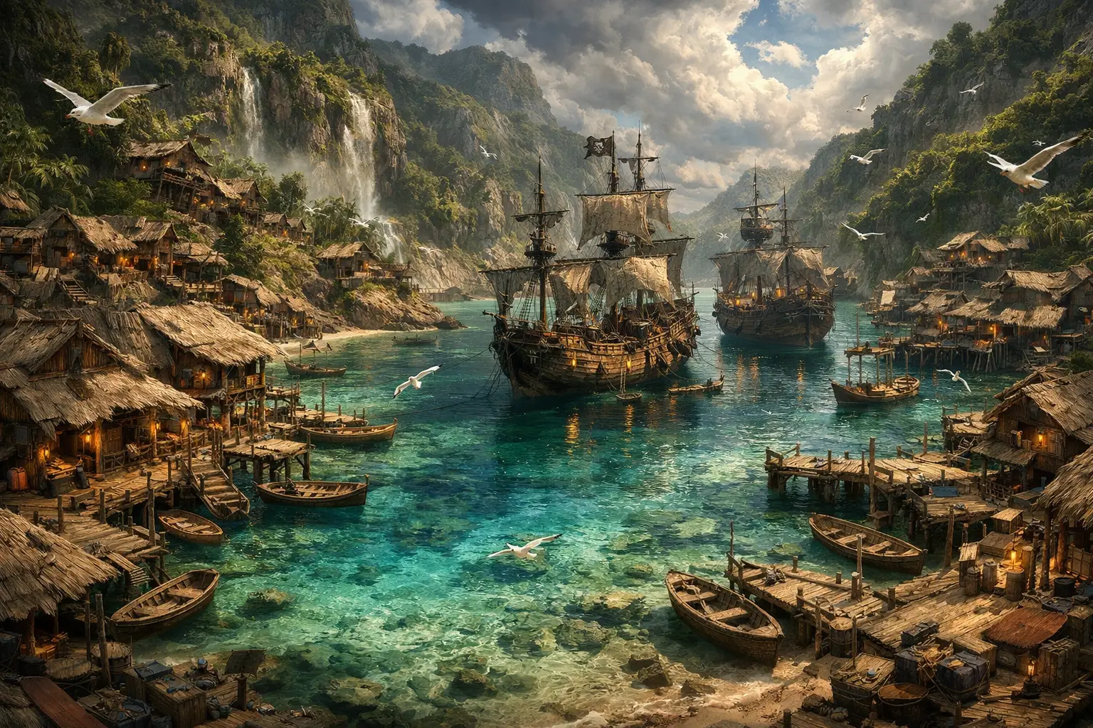 Illustrazione fantasy drammatica di una baia tropicale di pirati