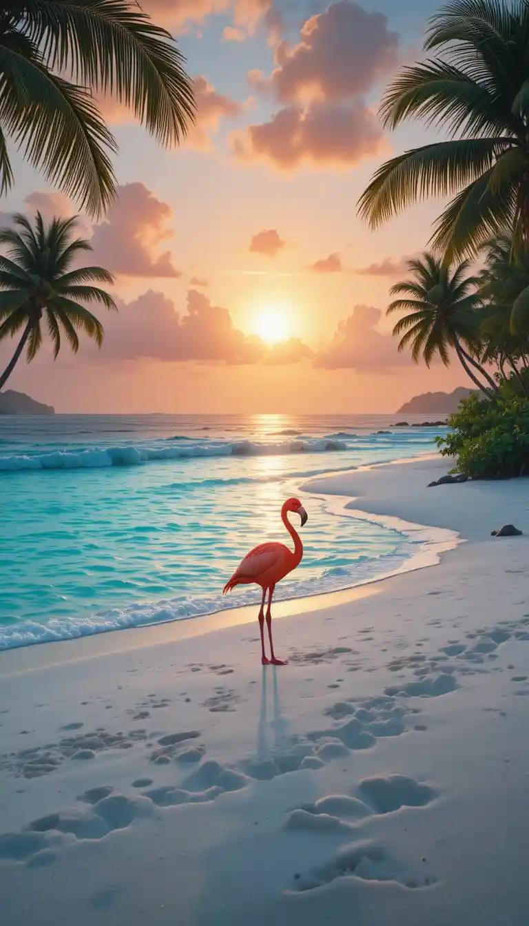Lonely flamingo on tropical beach at serene sunset